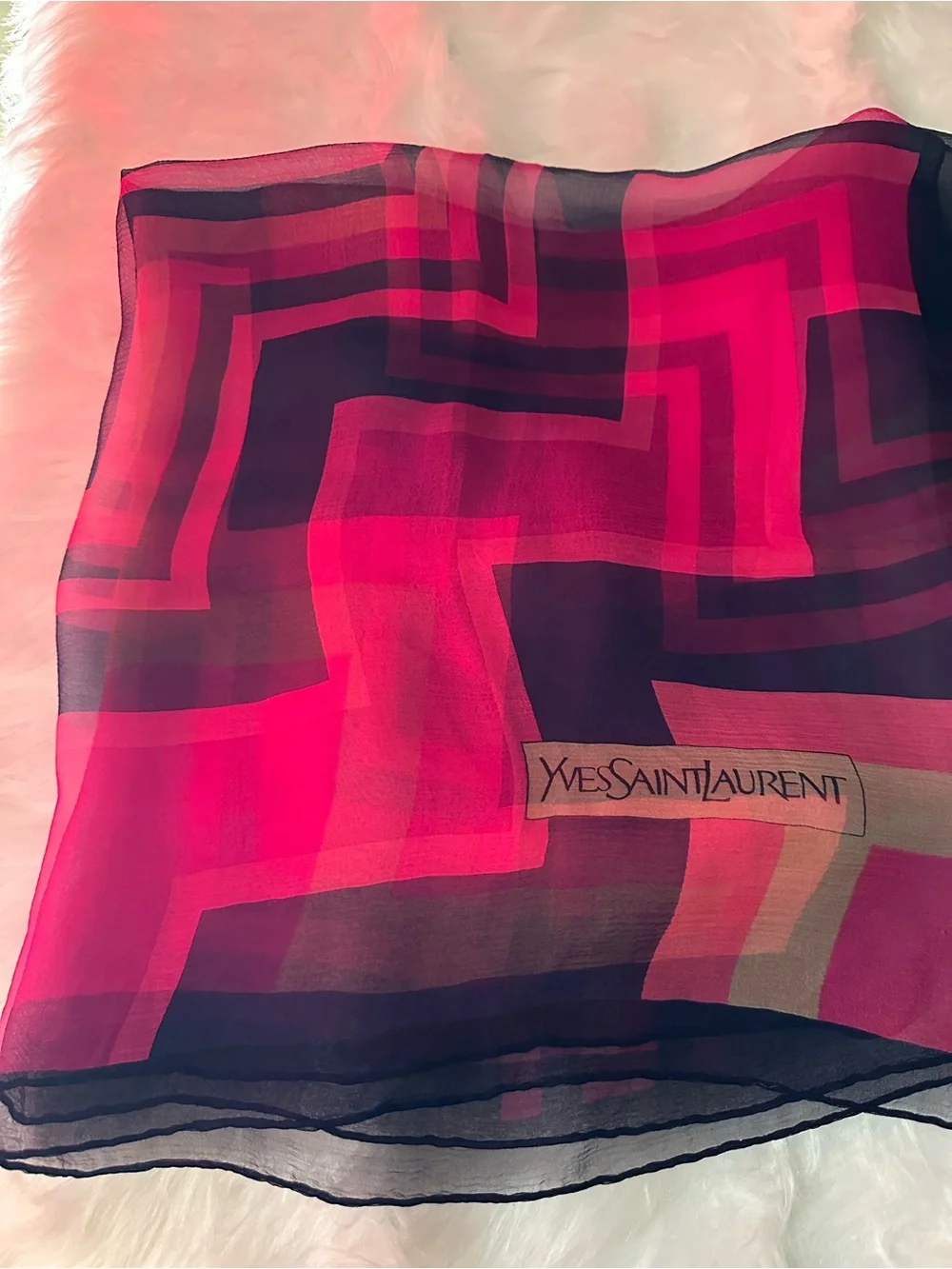 Yves Saint Laurent Silk Geometric Scarf Pink Navy 30” Square